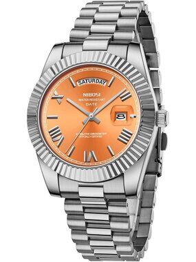 Nibosi Mens Silver Orange Analog Quartz Stainless Waterproof Desiger Wrist Watch